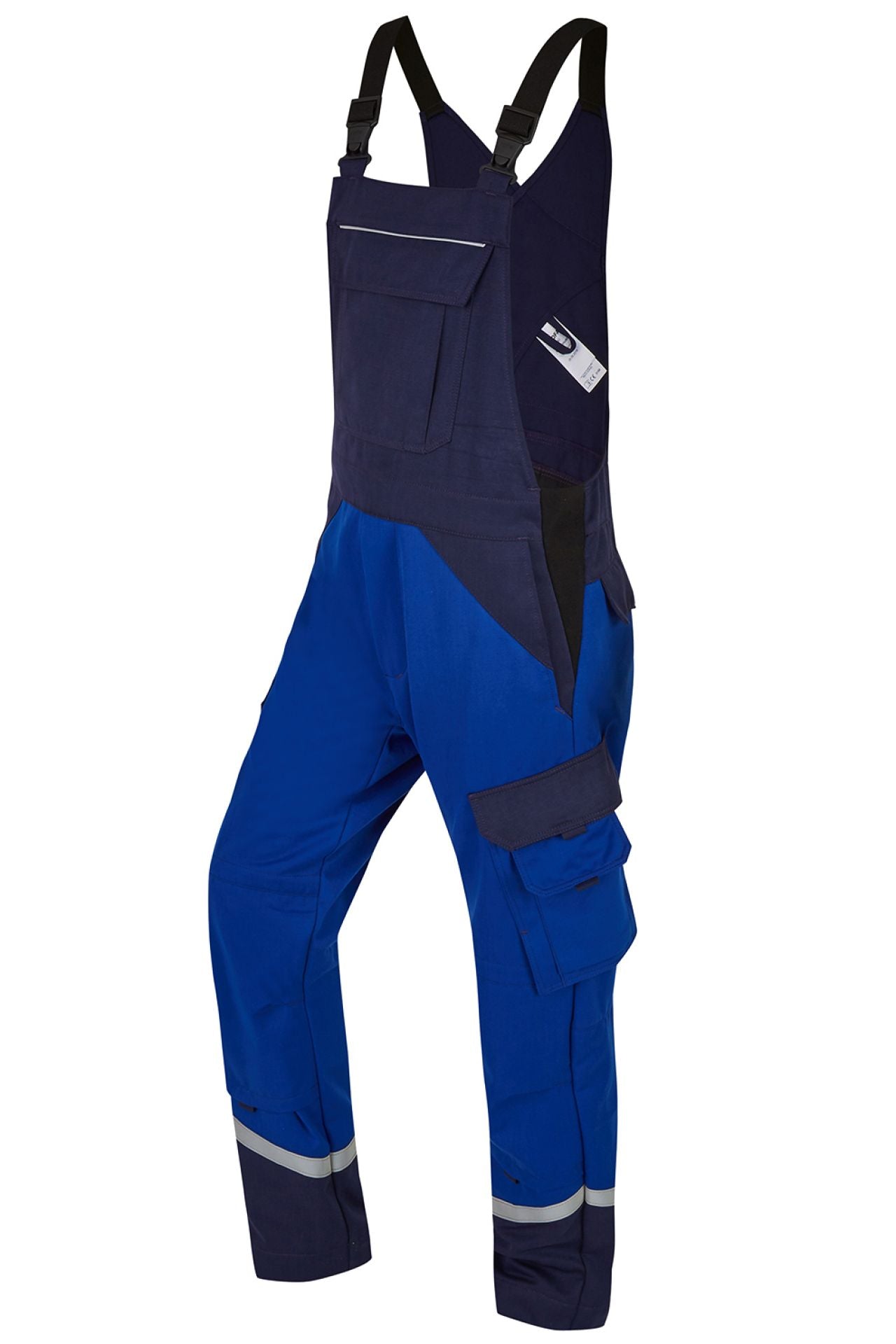 Rofa Herren Elektriker Latzhose 1552367 Kornblau/Marine, mit Stretchträgern, Cargotaschen, Hosenbeinverlängerung, Reflexstreifen - mit Latztasche und Dehneinsatz