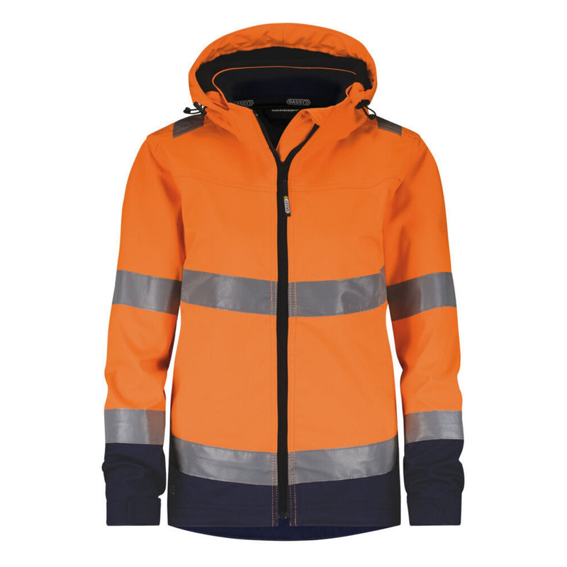 Dassy Damen Warnschutz-Softshelljacke Malaga neonorange-dunkelblau, EN ISO 20471 Klasse 2, Vorderansicht