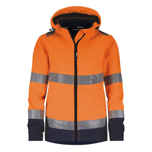 Dassy Damen Warnschutz-Softshelljacke Malaga neonorange-dunkelblau, EN ISO 20471 Klasse 2, Vorderansicht