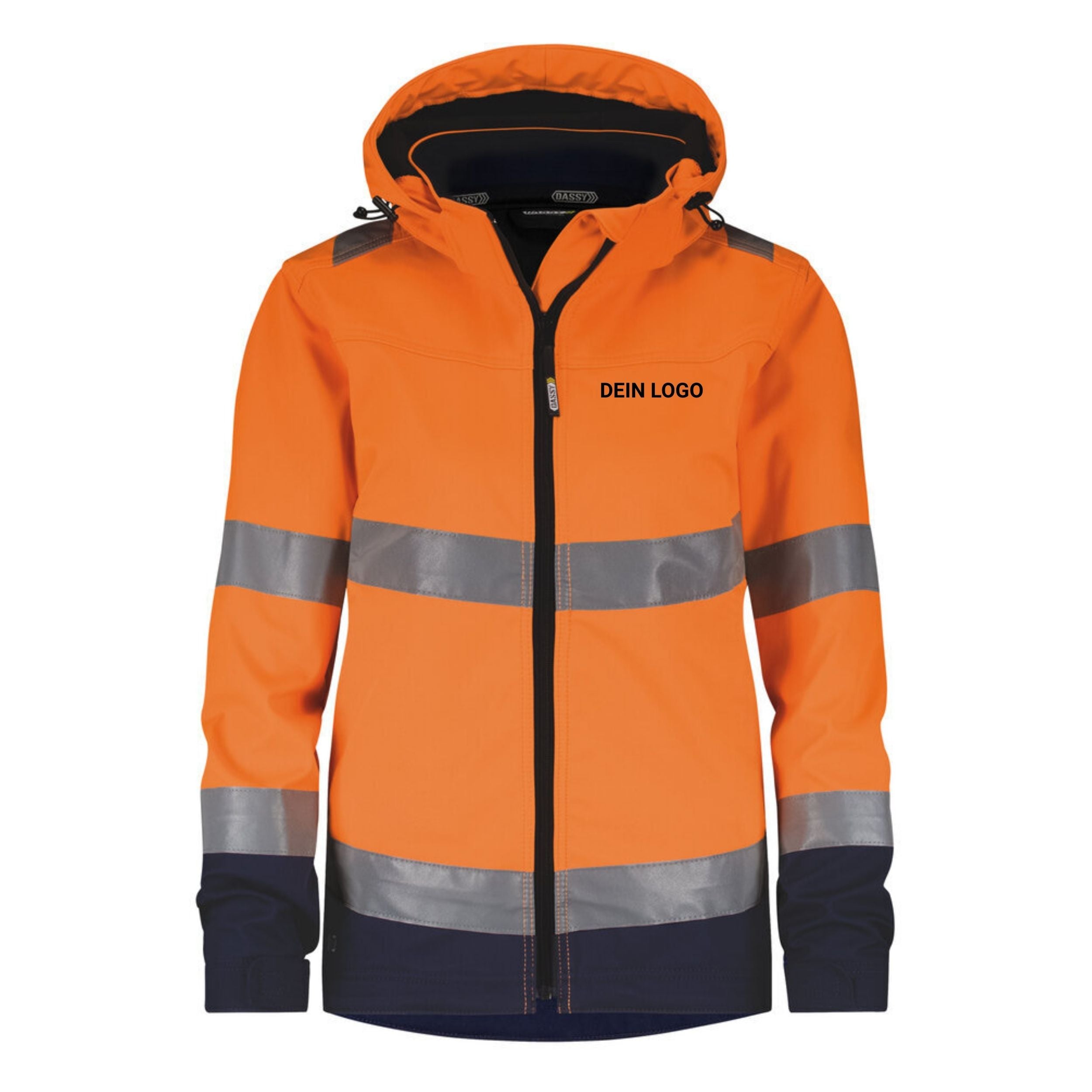 Dassy Damen Warnschutz-Softshelljacke Malaga mit Taschen & abnehmbarer Kapuze