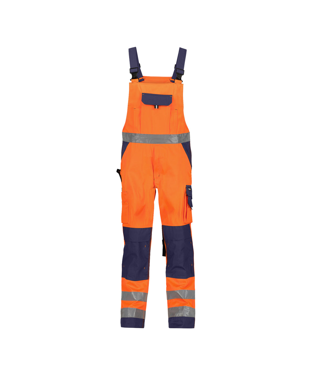 Dassy Herren Warnschutz Latzhose Toulouse mit reflektierenden Elementen – Klasse 2 – 400127 Neonorange/Dunkelblau